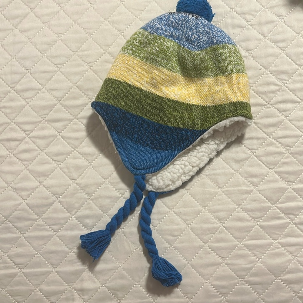 Lands' End Kids’ Peruvian Trapper Winter Hat – M/L, Blue/Green/Yellow Stripes